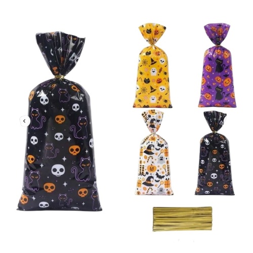 Cat-Ghosts-Skulls-Witch Hats-Pumpkins Halloween Bags 12.5 x 27.5cm 10pcs